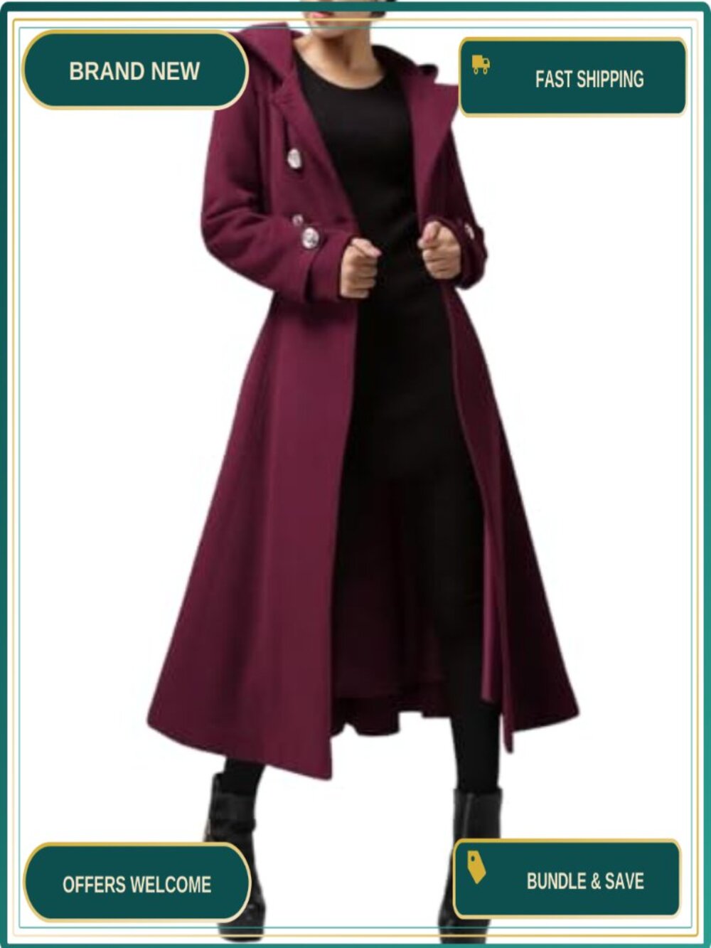 Womens Long Double-Breasted Hooded Wool Blend Trench Coat Winter Warm